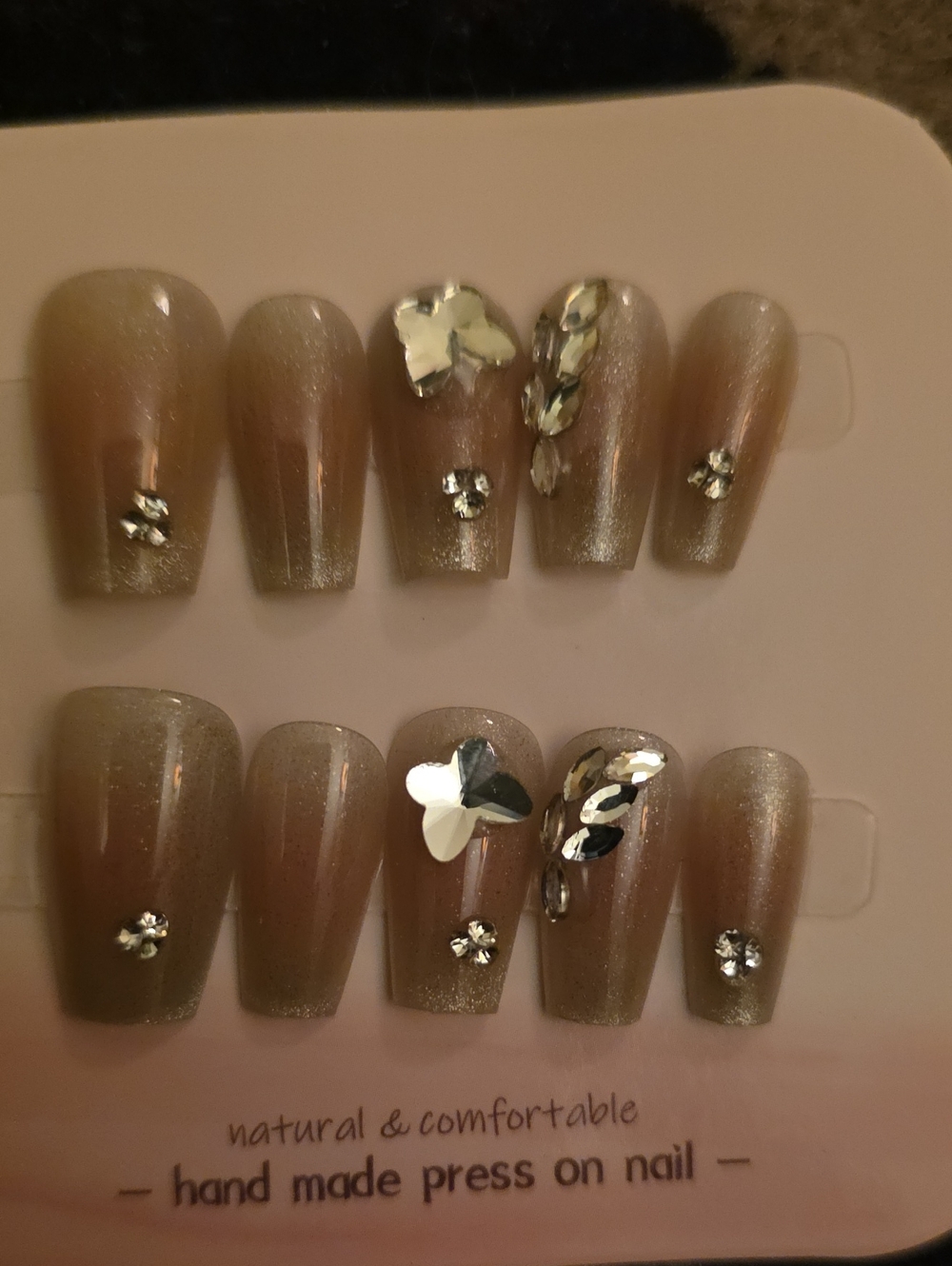 Handmade Beige Shimmer Press-On Nails with Silver Rhinestones Size Med Set Of 10